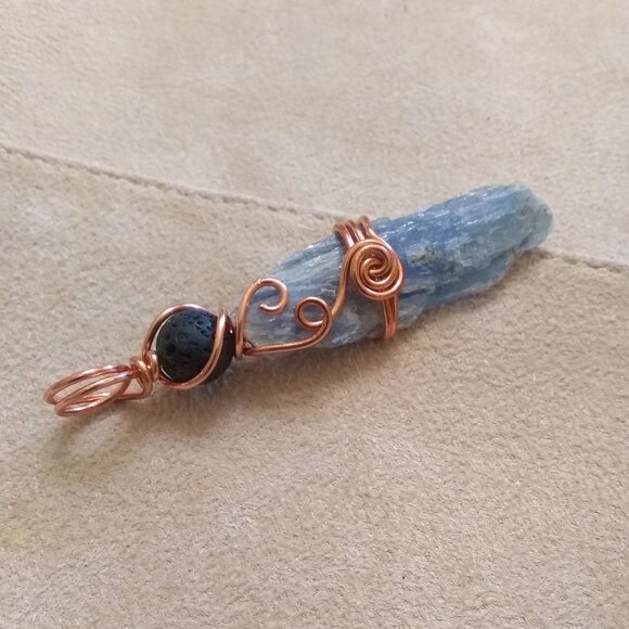 Handmade Rough Blue Kyanite + Black Lava Rock Pendant ~ Wire Wrapped with Copper - Picture 1 of 8